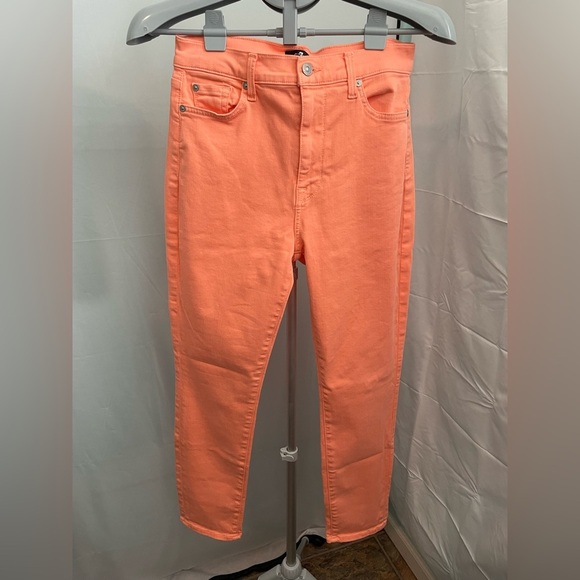 7 For All Mankind High Waist Ankle‎ Skinny Jeans Bright Orange/coral Size 28 - Picture 1 of 7